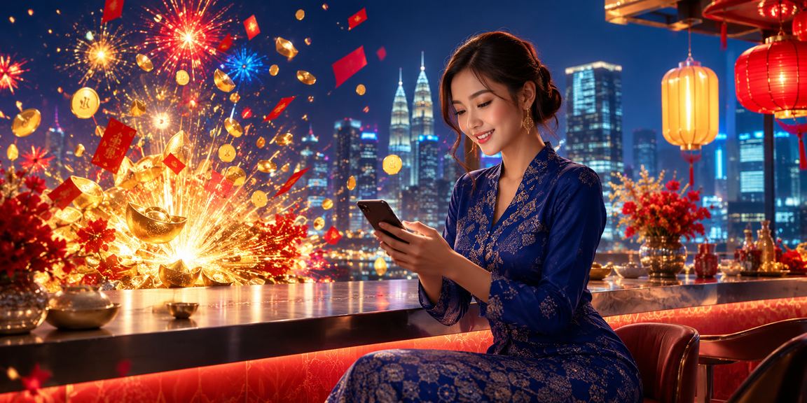 Pengguna menggunakan aplikasi kasino mudah alih di Petaling Jaya dengan pakaian tradisional baju kurung